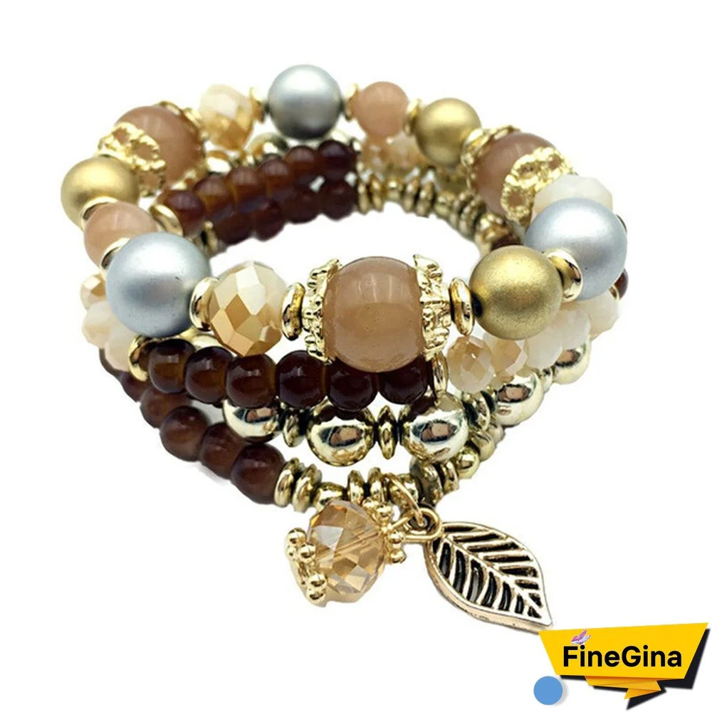 4pcs/set Multilayer Crystal Beads Leave Tassel Bracelets Women Bangles Jewelry