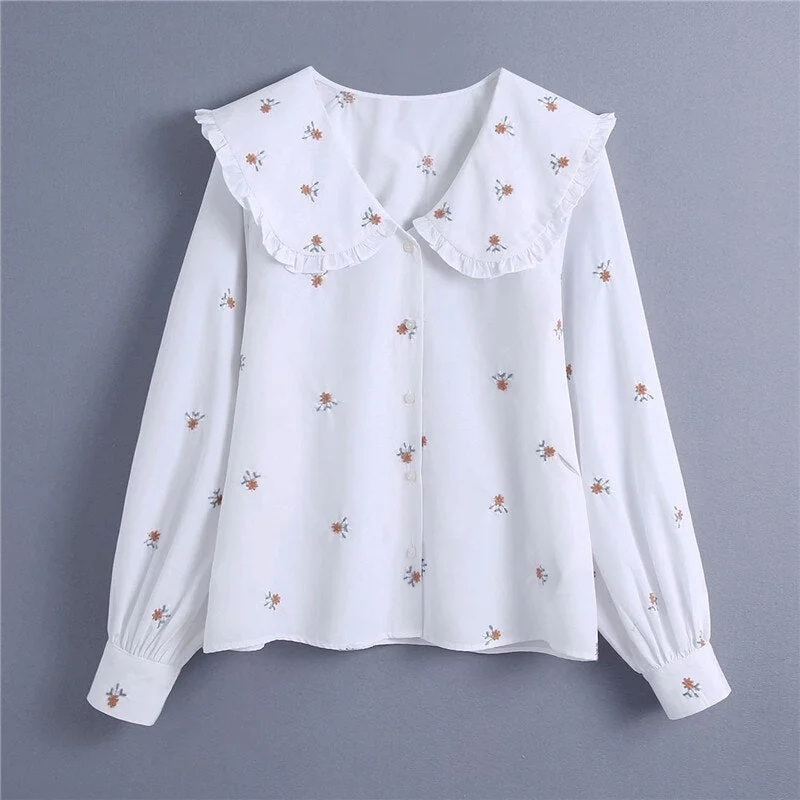 Evfer Women Spring Fashion Flower Embroidery Za White Shirts Female Casual Peter pan Collar Long Sleeve Blouse Tops Chic