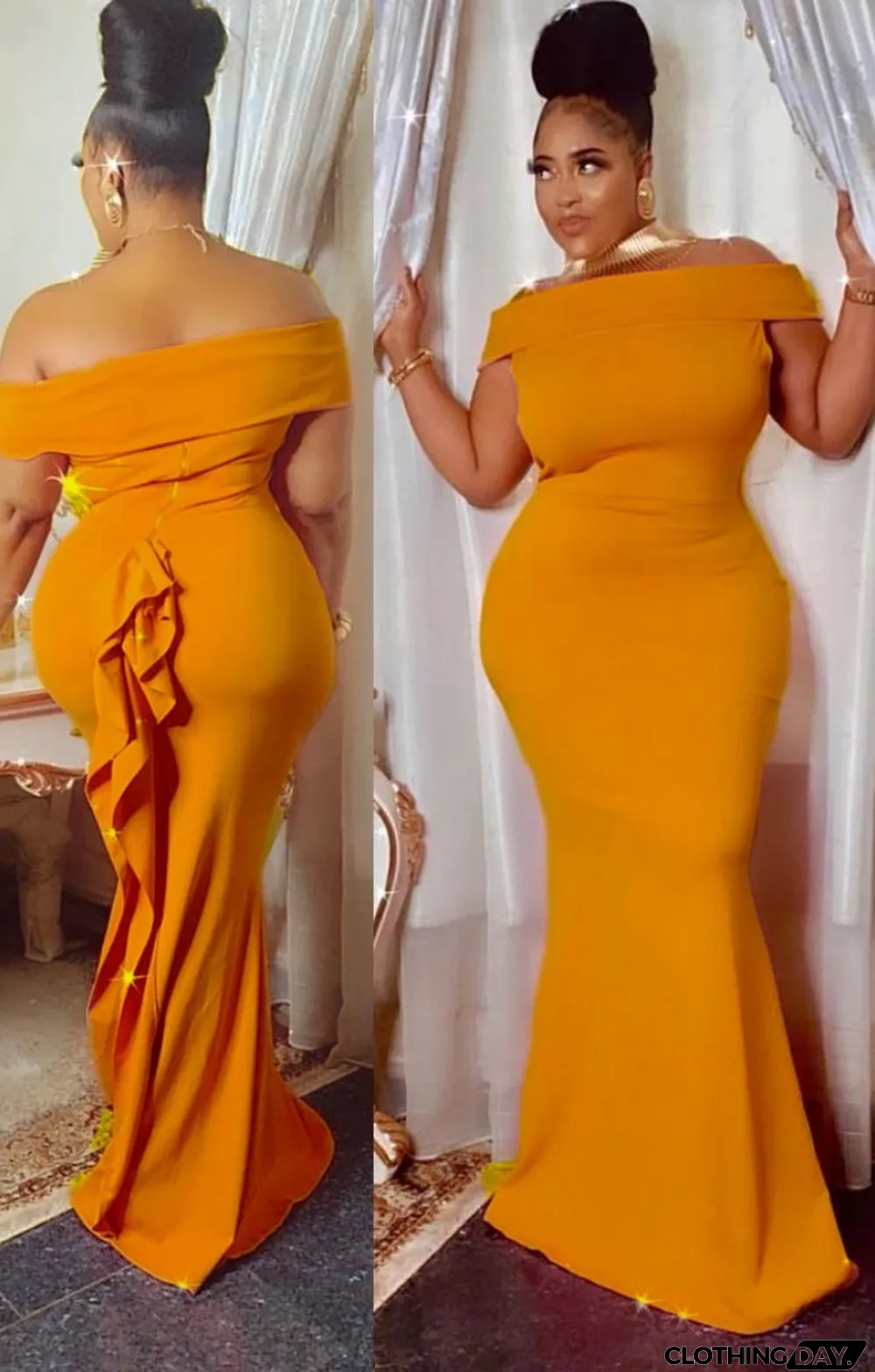Fall Orange Off Shoulder Fishtail Long Evening Dress