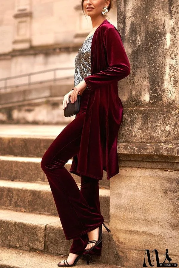 MidiSono - Luxe Lady Velvet Long Sleeve Open Front Drape Midi Kimono