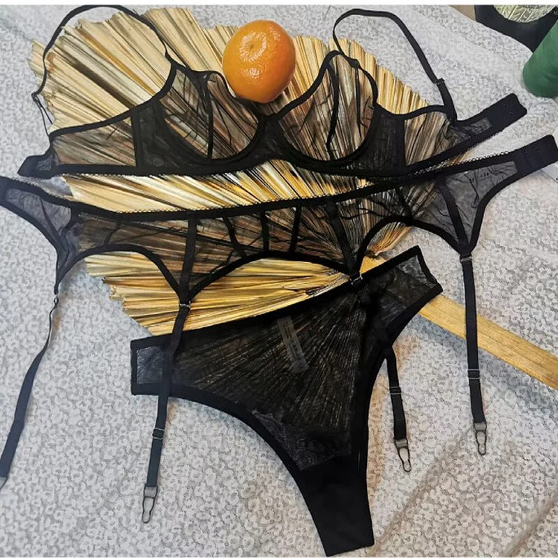 New Women Underwear Sexy Lace Ultra-thin Push Up Bra Set Transparent Mesh Temptation Lingerie 3-piece set Bras+Panties+Garter