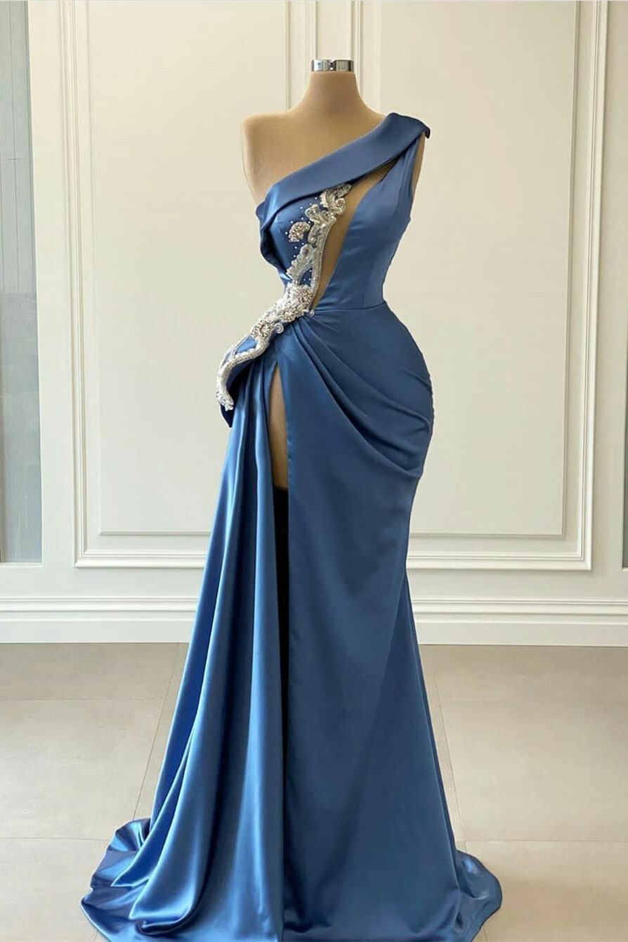 One Shoulder Blue Mermaid Prom Dress With Beaded | Ballbellas Ballbellas