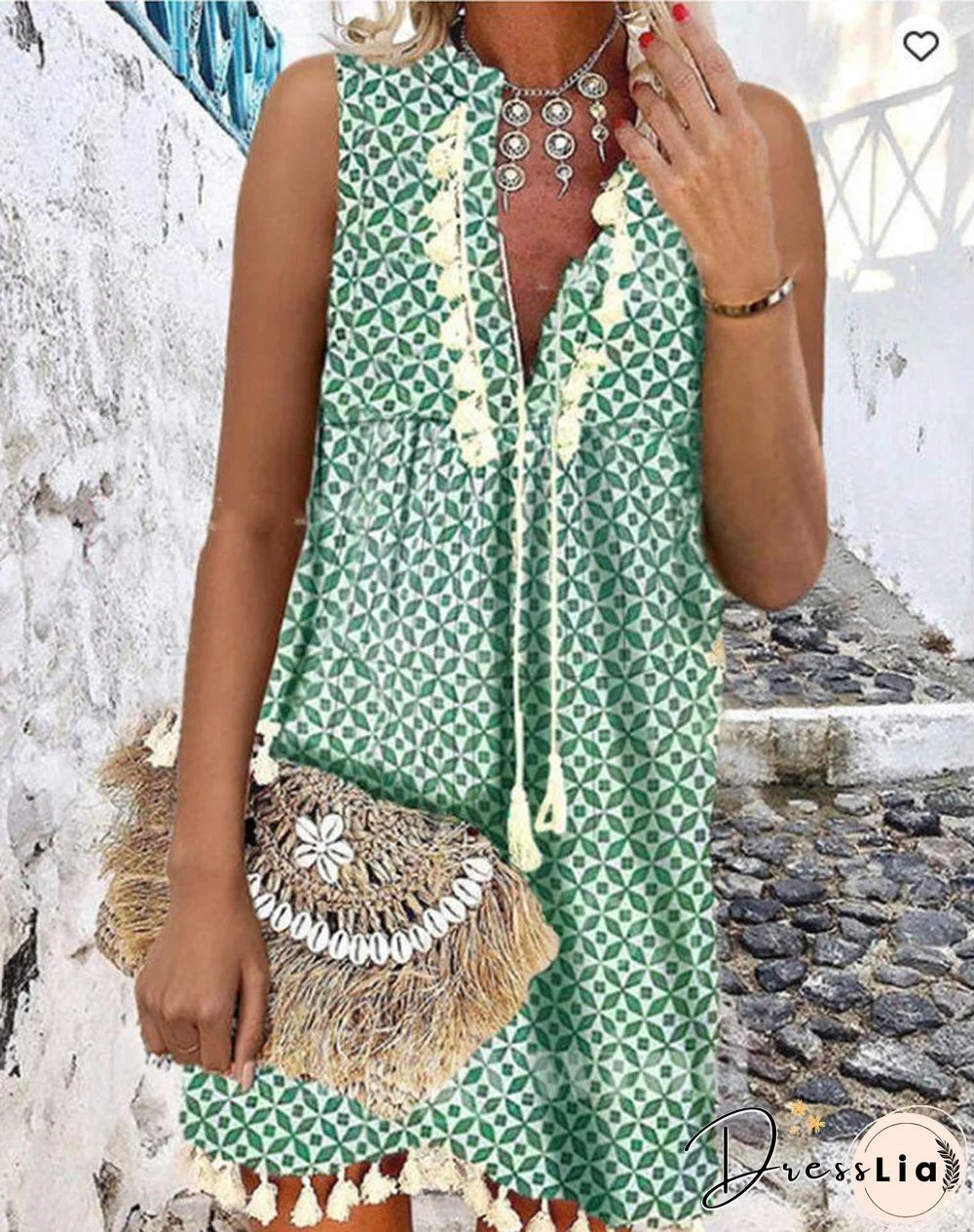 V Neck Sleeveless Printed Beach Dress