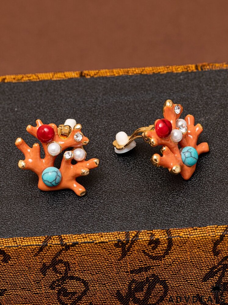 Faux Pearl & Rhinestone Decor Coral Stud Earrings