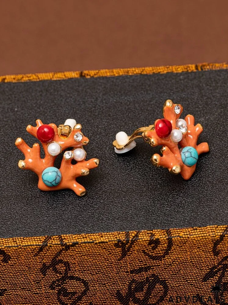 Faux Pearl & Rhinestone Decor Coral Stud Earrings