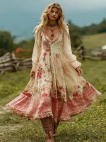 Women's Vintage Pink Rose And Polka Dot Casual Linen V-neck Dress