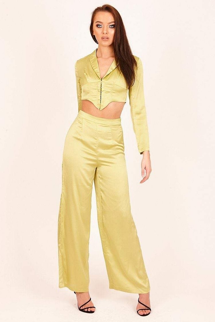 Green Satin Wide Leg Trousers Katch Me