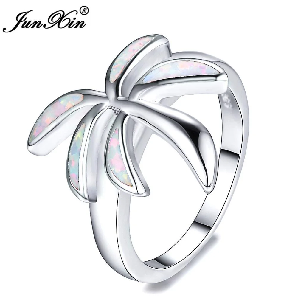 JUNXIN Boho Male Female White Opal Stone Ring Fashion Coconut Tree Ring Vintage Party Wedding Rings For Men And Women
