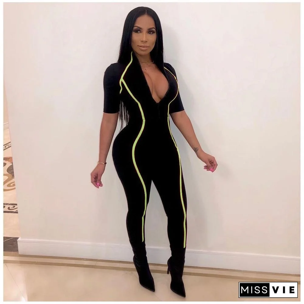 Short Sleeve Front Zipper Bodycon Gym Jumpsuit