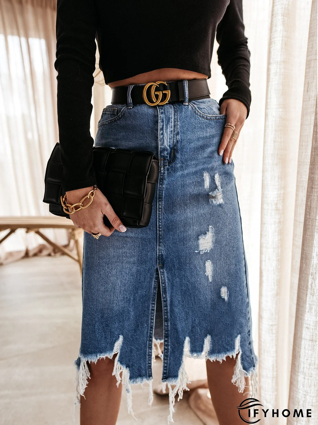 Spring Summer Women's High Waist Front Slit Denim Long Skirt | IFYHOME
