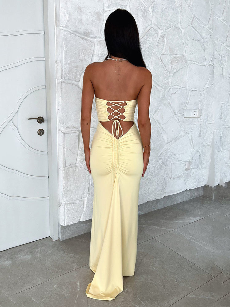 Ootddress Sexy Sleeveless Bodycon Hollow Out Dress For Women Lace Up Pleats Slim Maxi Female Vestidos Elegant Party Evening Dress