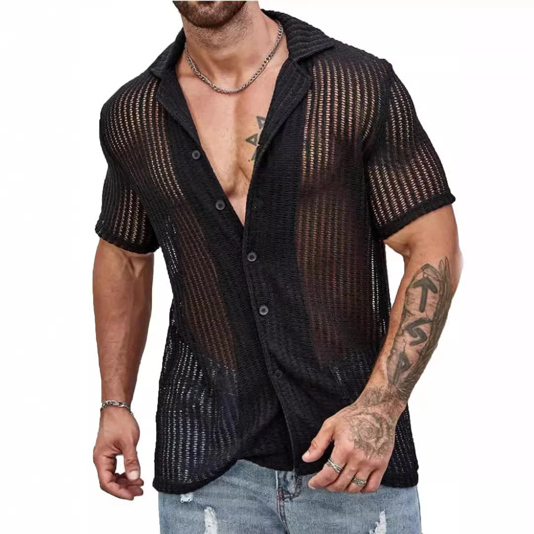 Wongn Wongn Men's Summer Cool Shirt Men's Casual Knit Hollow Out Breathable Short Sleeved Lapel Fashion Men's Wear