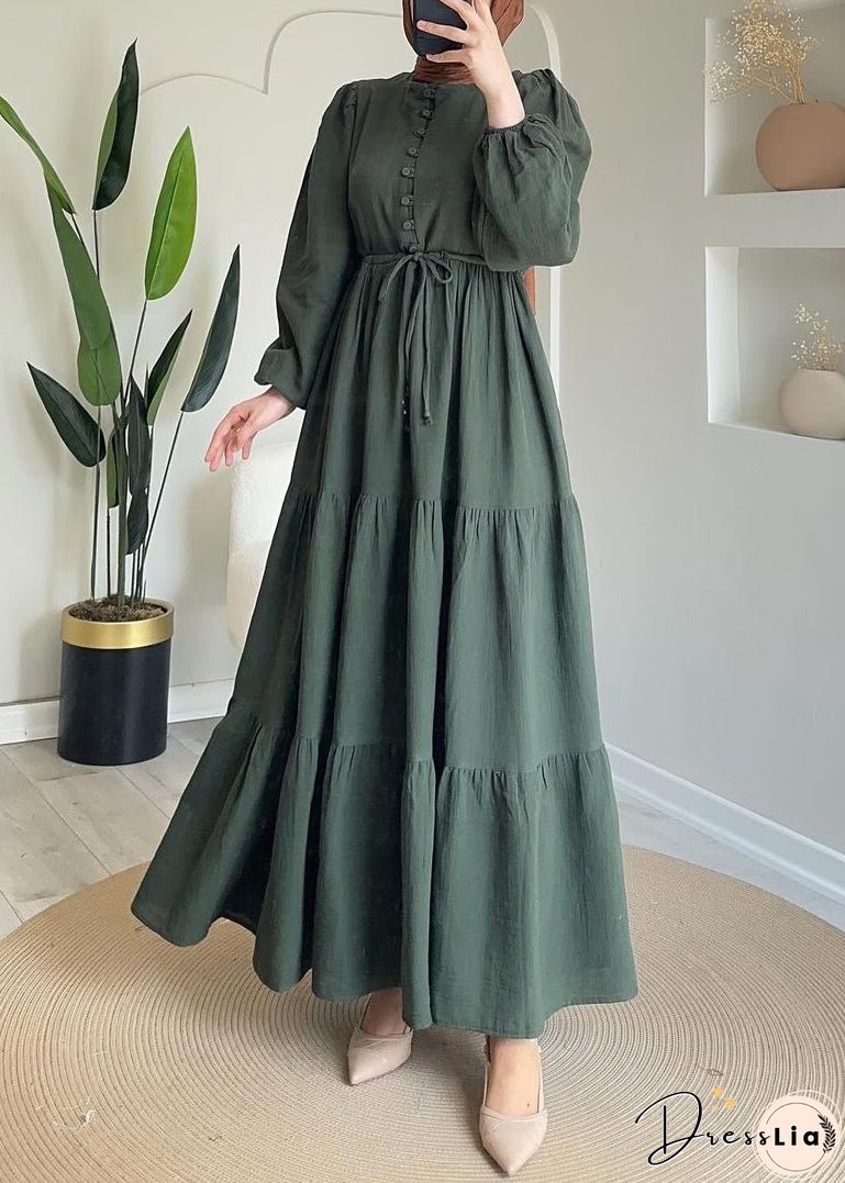 New Navy Button Tie Waist Cotton Long Dresses Fall