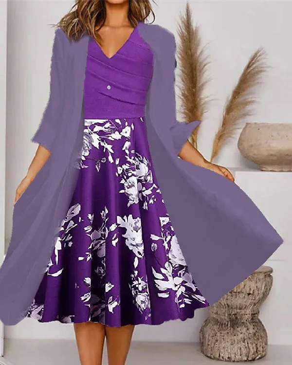 Fake Two Piece Waisted V Neck Chiffon Coat Dress