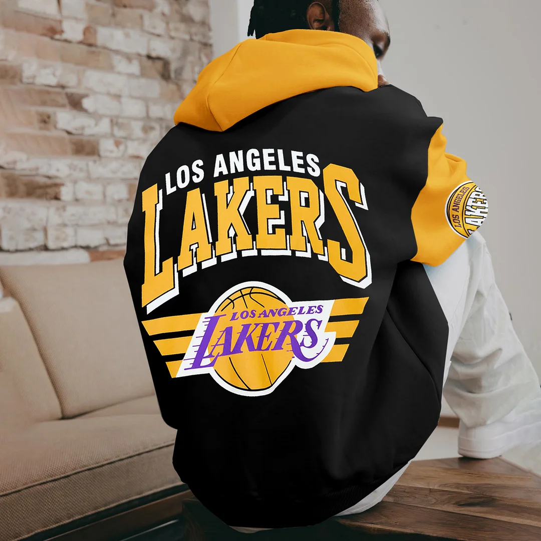 Oversized Comfortable Casual NBA Lakers Colorblock Hooded Sweatshirt Pullover、、URBENIE