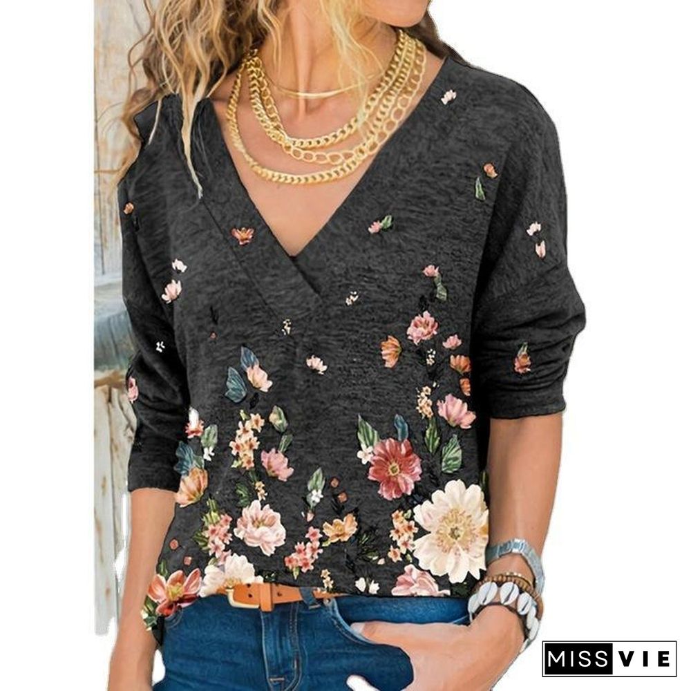 V-Neck Flower Printed Long-Sleeved Shirt