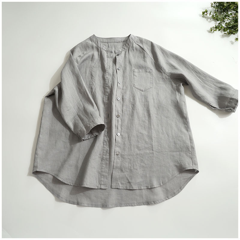Stand collar 3/4 sleeve cotton linen shirt