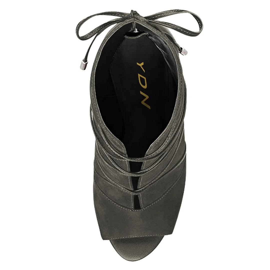 Gray Peep Toe Back-Zip Over All Lace-Up Stiletto Heel Ankle Boots