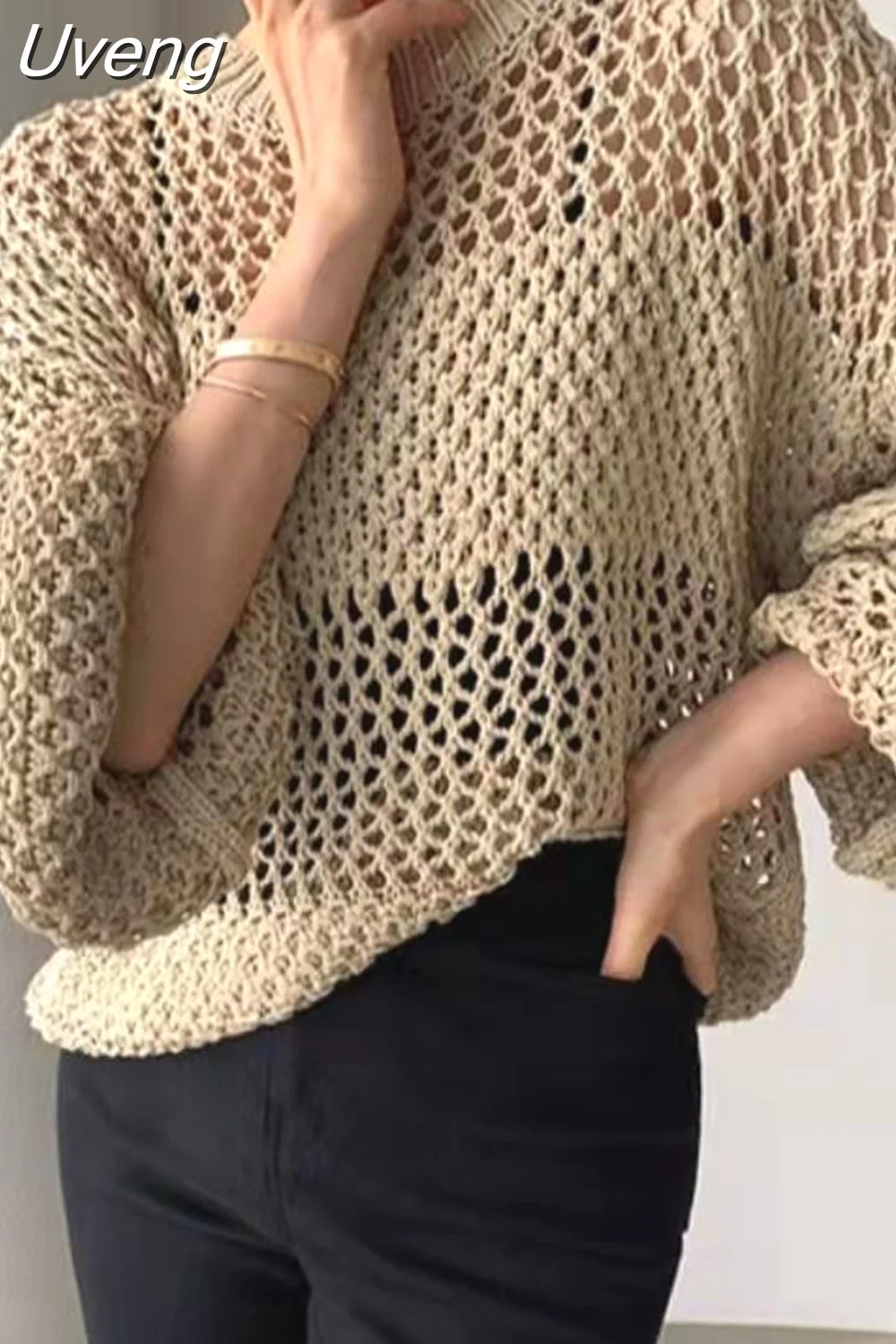 Uveng Harajuku Hollow Out Knit Pullovers Crewneck Autumn Vintage Fairycore Grunge Top Fashion Retro Smock Sweater