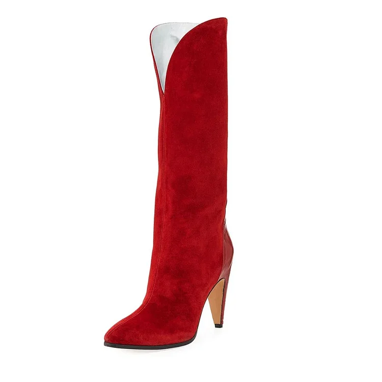 Red Pointed Toe Cone Heel Vegan Suede Mid-Calf Western Boots |FSJ Shoes