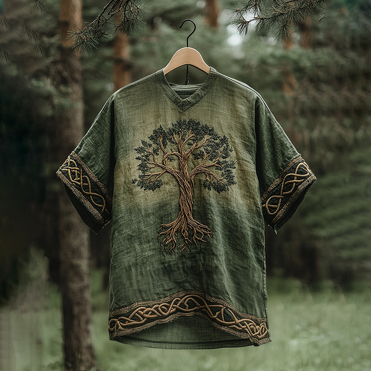 Men's Viking Celtic Tree Of Life Linen V-neck T-shirt