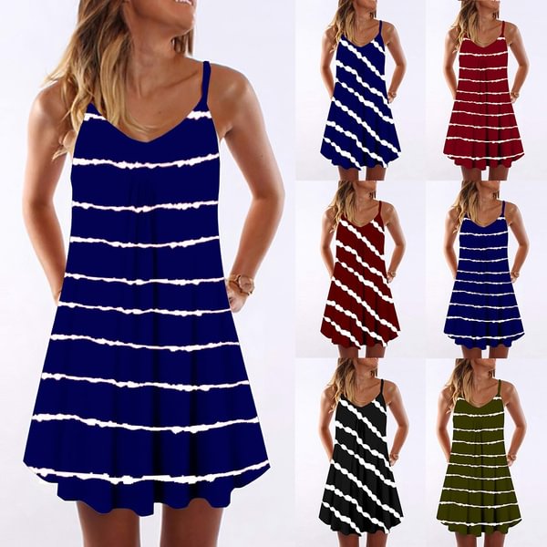 Women's Fahion Summer New Sleeveless Dresses Casual Pleated Dress Stripe Printed Spaghetti Strap Dress - Shop Trendy Women's Fashion | TeeYours