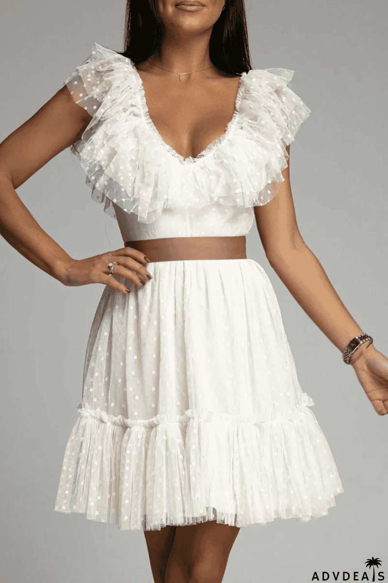 Dot Mesh V Neck Cake Skirt Dresses