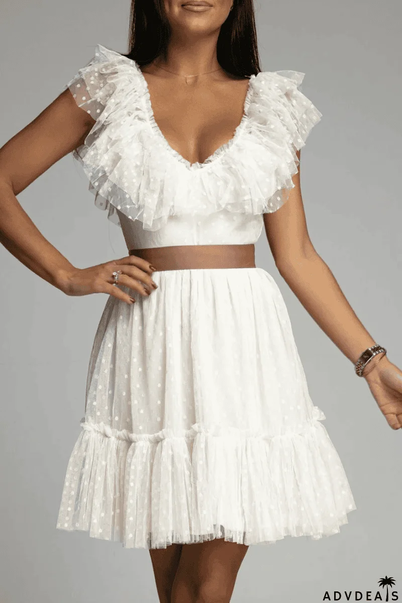 Dot Mesh V Neck Cake Skirt Dresses