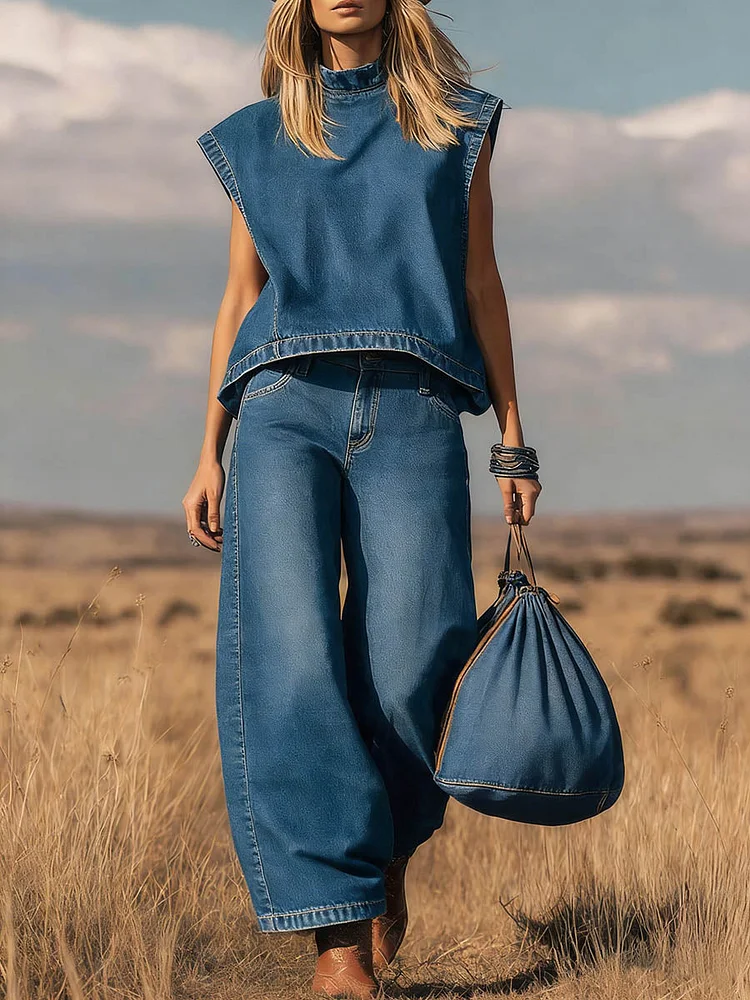Women's Stand-collar Sleeveless Casual Loose Top And High-waisted Loose Wide-leg Denim Pants Set.