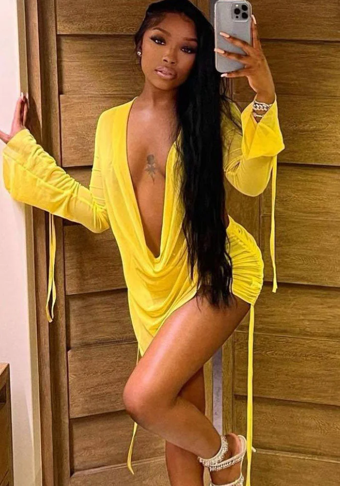 Summer Sexy Deep V-Neck Long Sleeve Top See ThroughTwo Piece Skirt Set