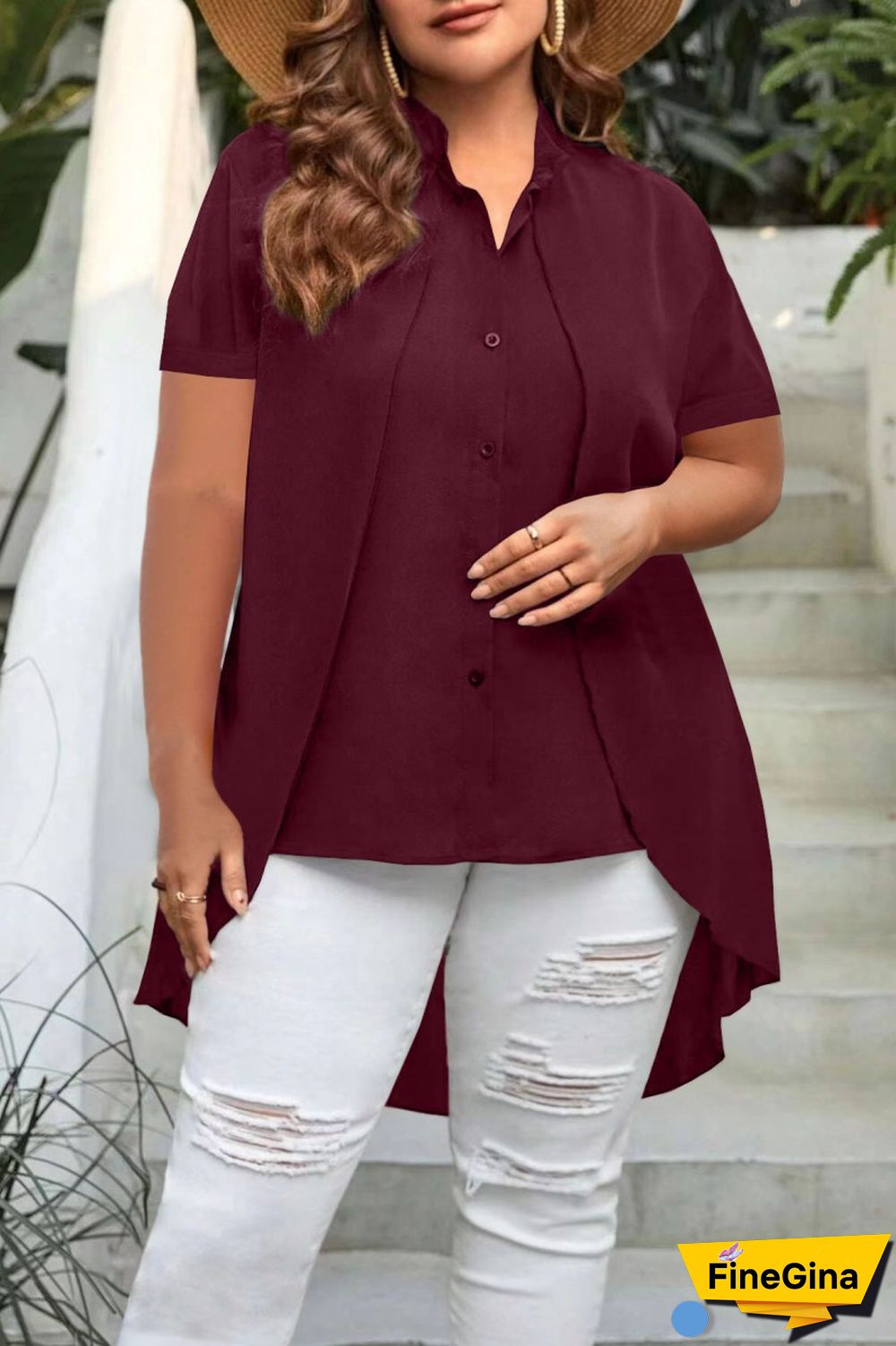 Burgundy Casual Solid Patchwork Shirt Collar Tops