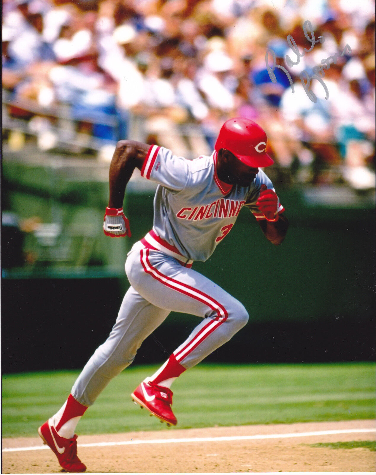 ROLANDO ROOMES CINCINNATI REDS 1990 ACTION SIGNED 8x10