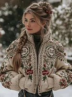 Women's Vintage Ethnic Floral And Viking Vegvisir Art Zipper Cardigan