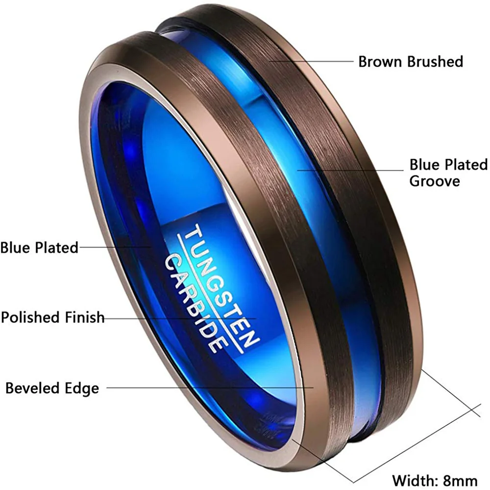 8MM Mens Women Brown Brushed Tungsten Carbide Matching with Blue Plated Groove Men Womens Couple Wedding Rings