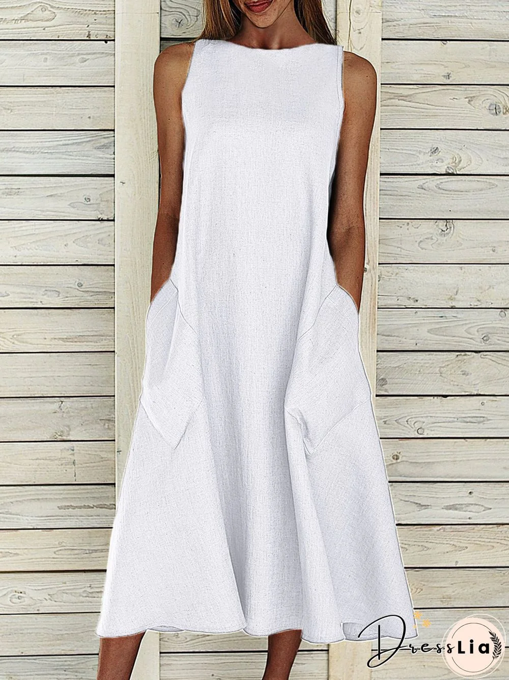 Women Cotton Sleeveless Crew Neck Weaving Dress Summer Plus Size Pockets Weaving Dress