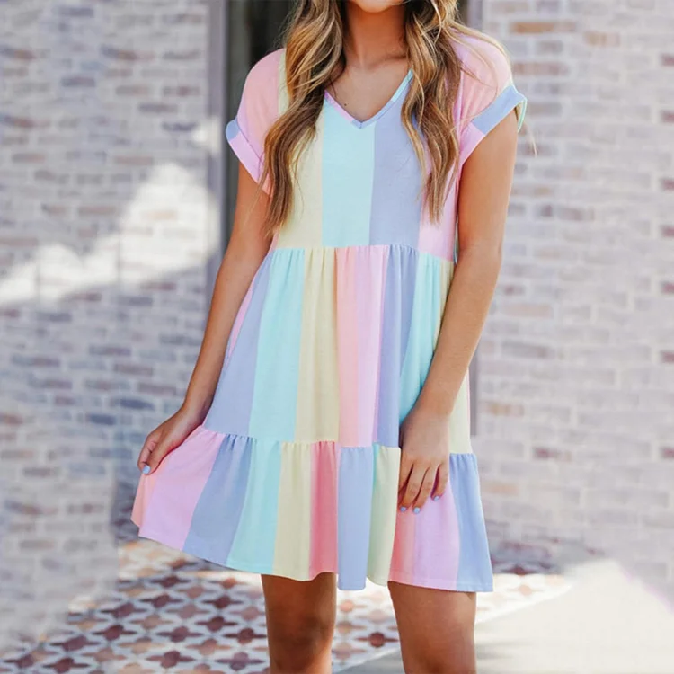 Trendy Stripe Printed Casual V-Neck Loose A-Line Party Dress