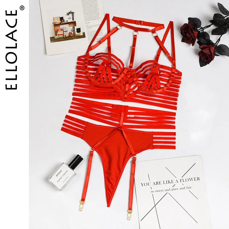 Ellolace Erotic Sensual Lingerie Strip Hollow out Underwear Sissy Set Women 3 Piece Transparent Tempt Hot Sexy Outfit Brief Sets