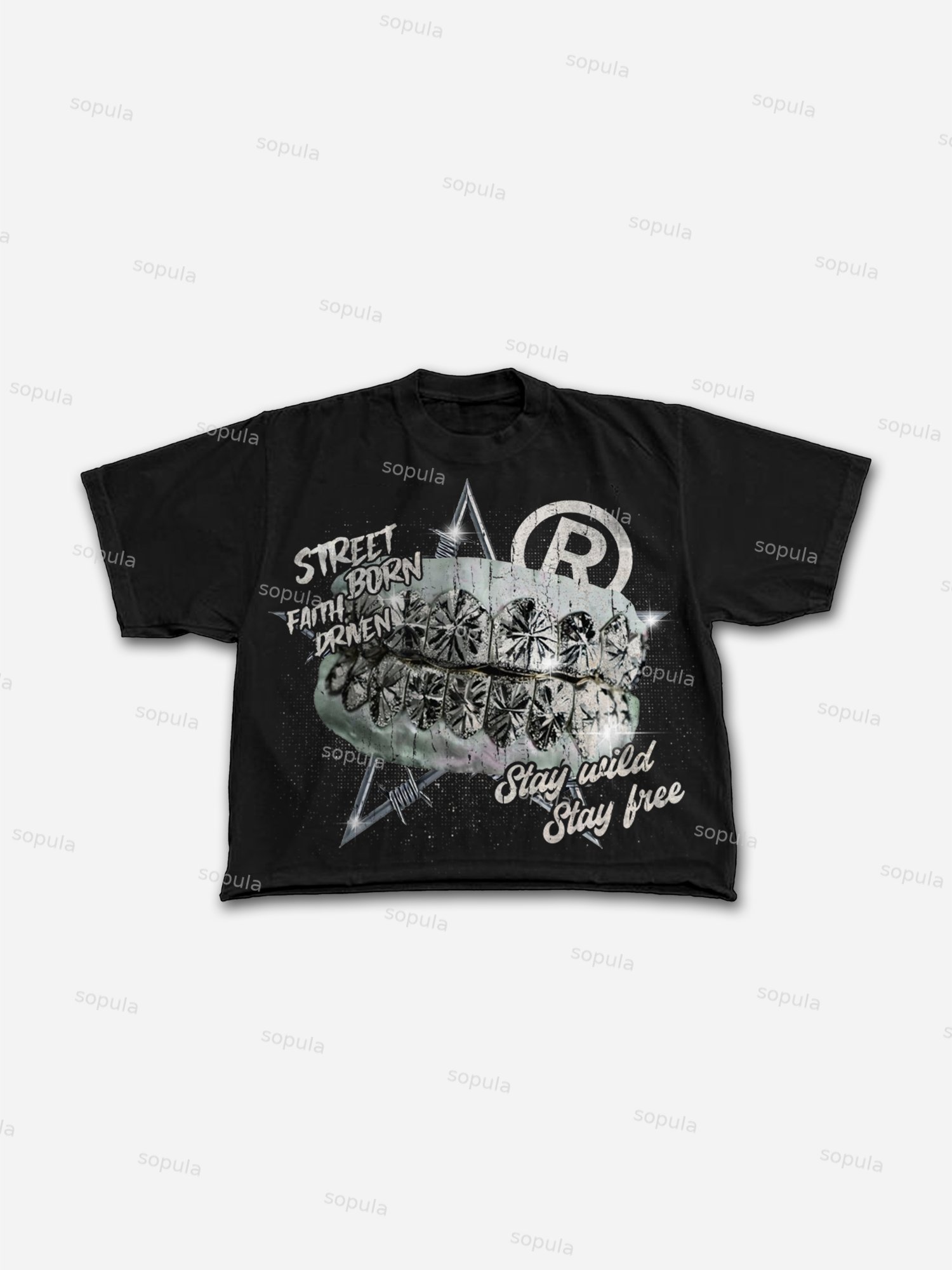 Aged Vintage Stars Plastered Diamond Braces Graphic Cropped T-shirt - Sopula｜Premium Graphic Tees & Graphic Clothing