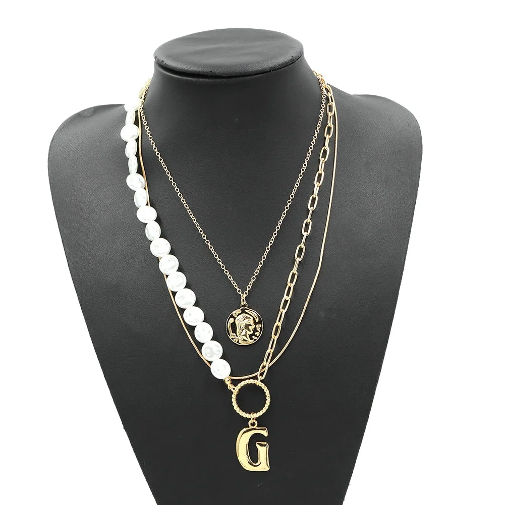 Dvacaman Retro Simple Pearl Letter Pendant Initial Necklace for Women Boho Statement Multi Layered Chunky Chain Necklace Jewelry