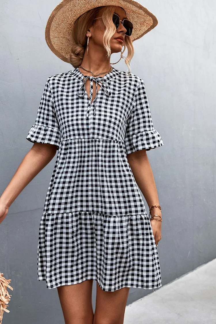 Plaid Tie Neck Tiered Dress