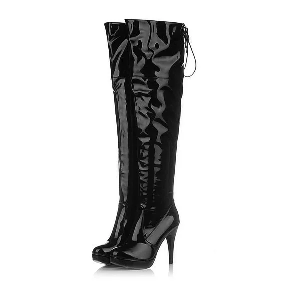 Black Long Boots Patent Leather Platform Over-the-Knee Boots |FSJ Shoes