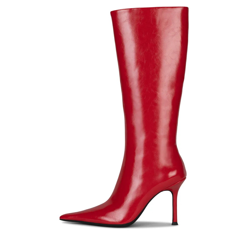 Red Pointed Toe Wide Calf Knee High Boots with Chunky Heels Nicepairs