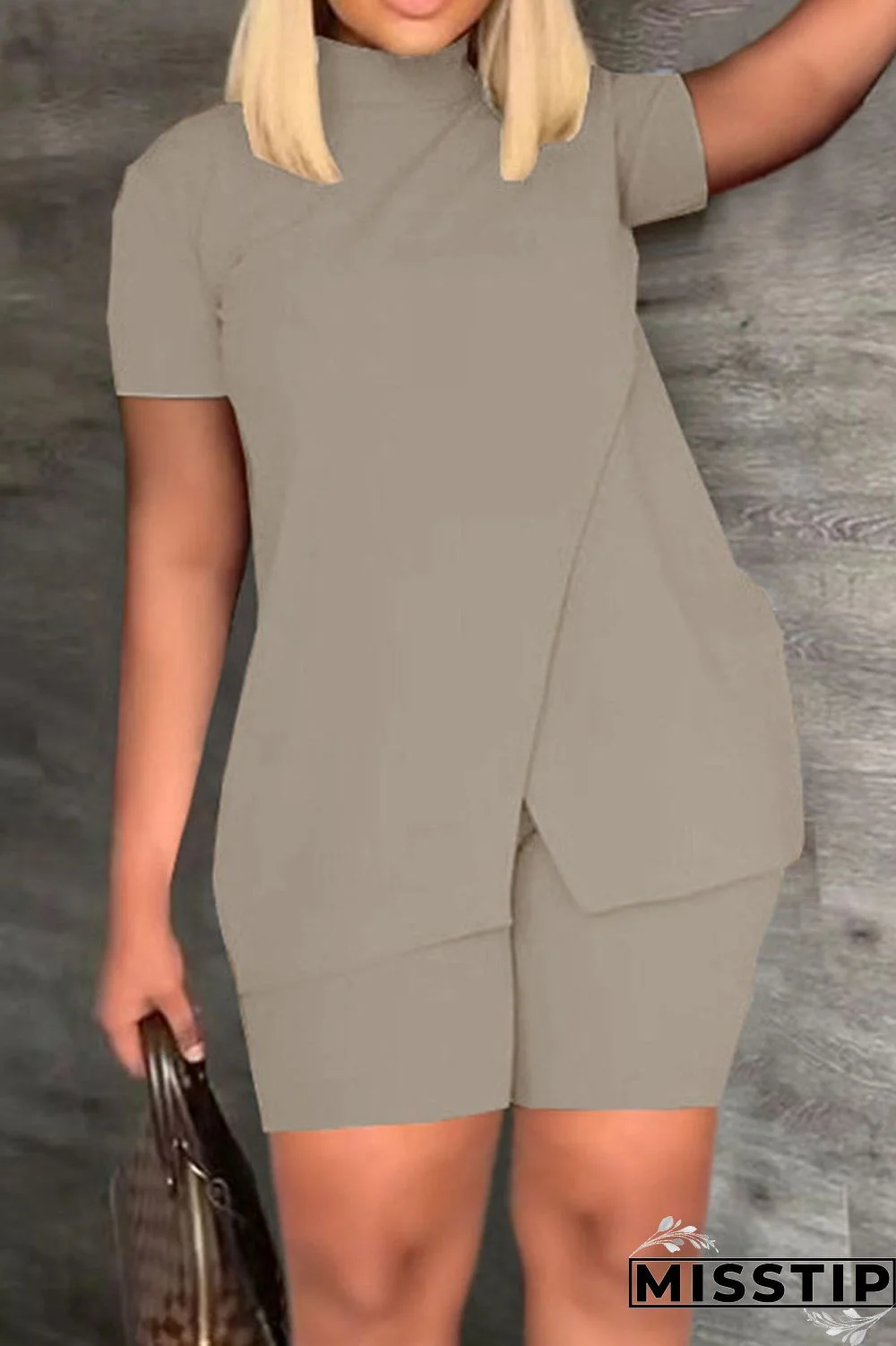 Black Casual Solid Patchwork Half A Turtleneck Short Sleeve Two Pieces