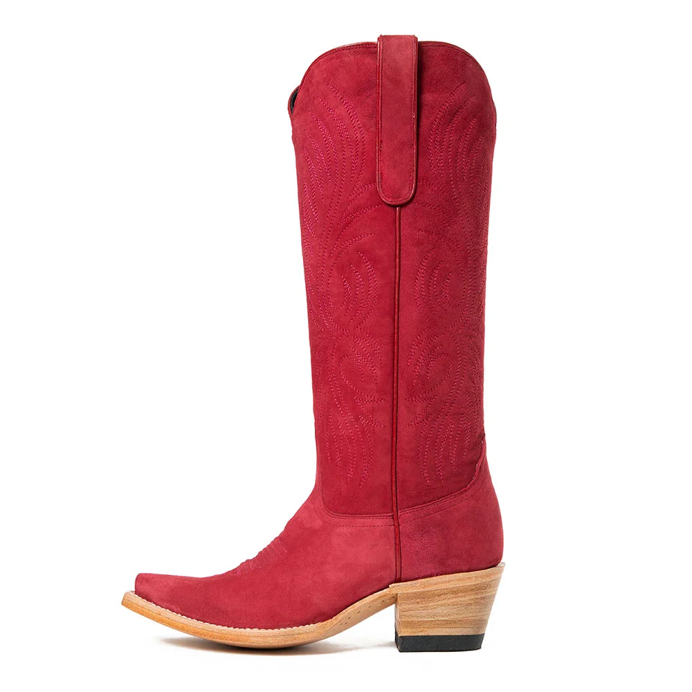 Red Vegan Suede Snip Toe Chunky Heel Stitching Cowgirl Boots