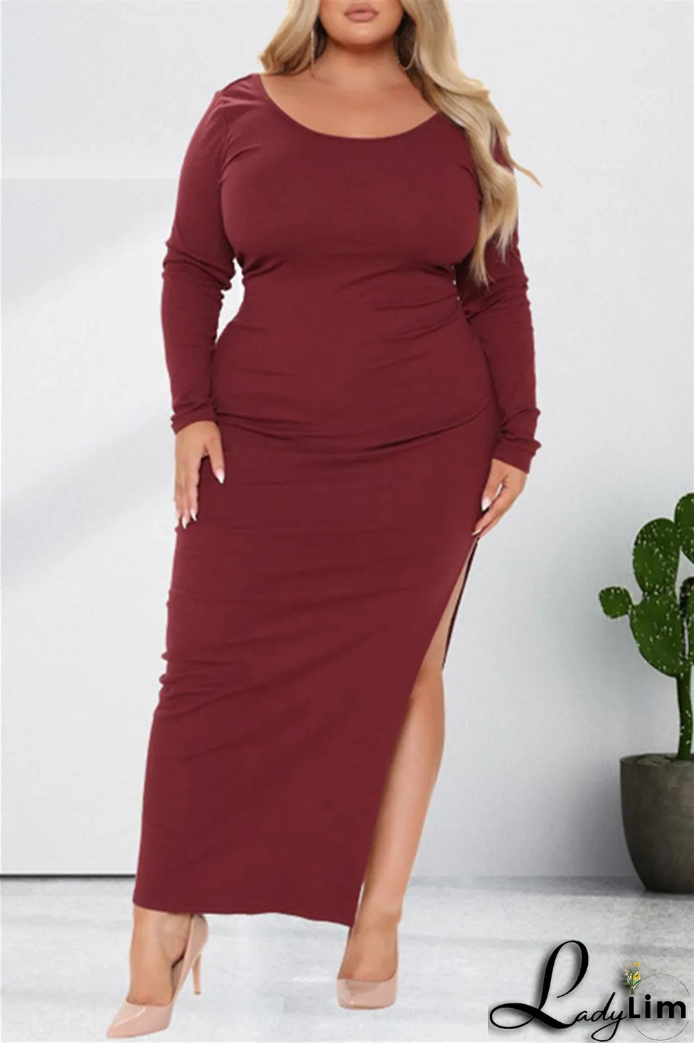 Burgundy Fashion Casual Solid Slit O Neck Long Sleeve Dresses