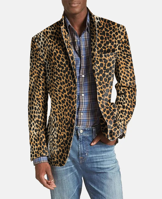 OK Casual Leopard Print Notch Lapel Pocket Two Button Blazer