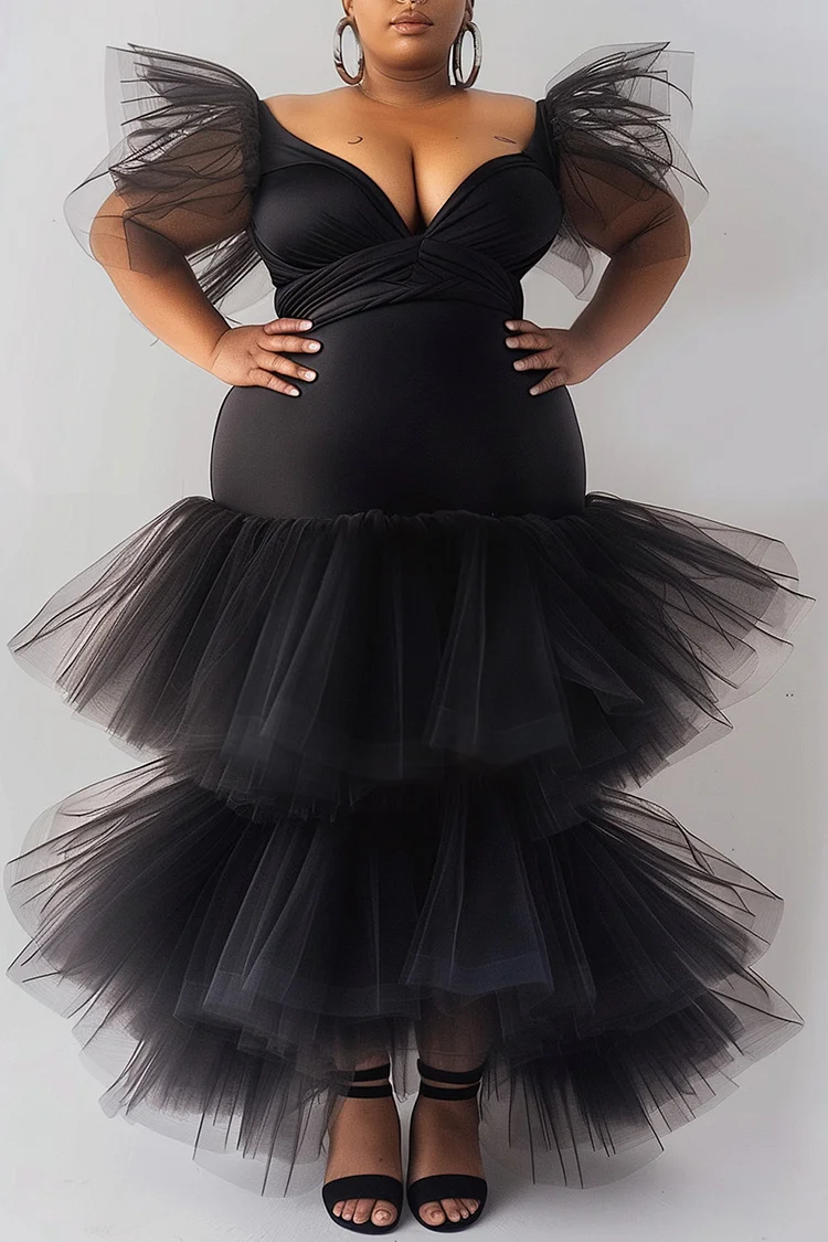 Xpluswear Design Plus Size Party Black V Neck Flutter Sleeve Ruffle See Through Tulle Maxi Dresses [Pre-Order]