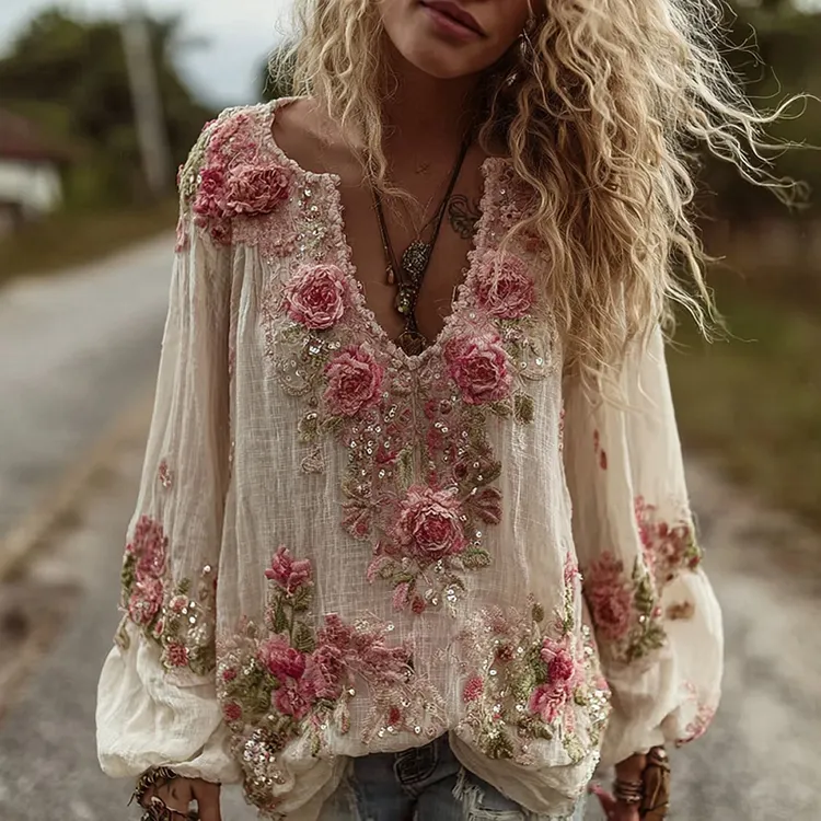 Women's Vintage Rose Floral Embroidery Art Comfy Linen Shirts
