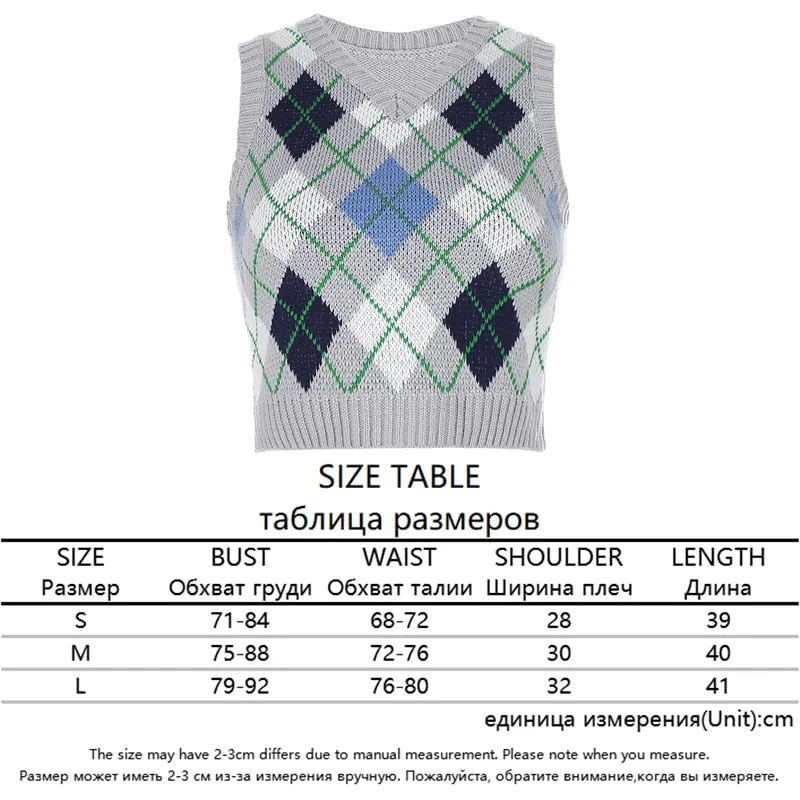 HEYounGIRL V Neck Vintage Argyle Sweater Vest Women Black Sleeveless Plaid Knitted Crop Sweaters Casual Autumn Preppy Style