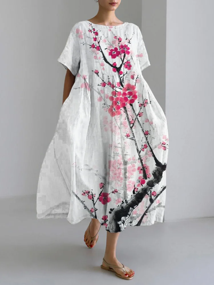 VChics Ink and Plum Blossom Art Linen Blend Maxi Dress